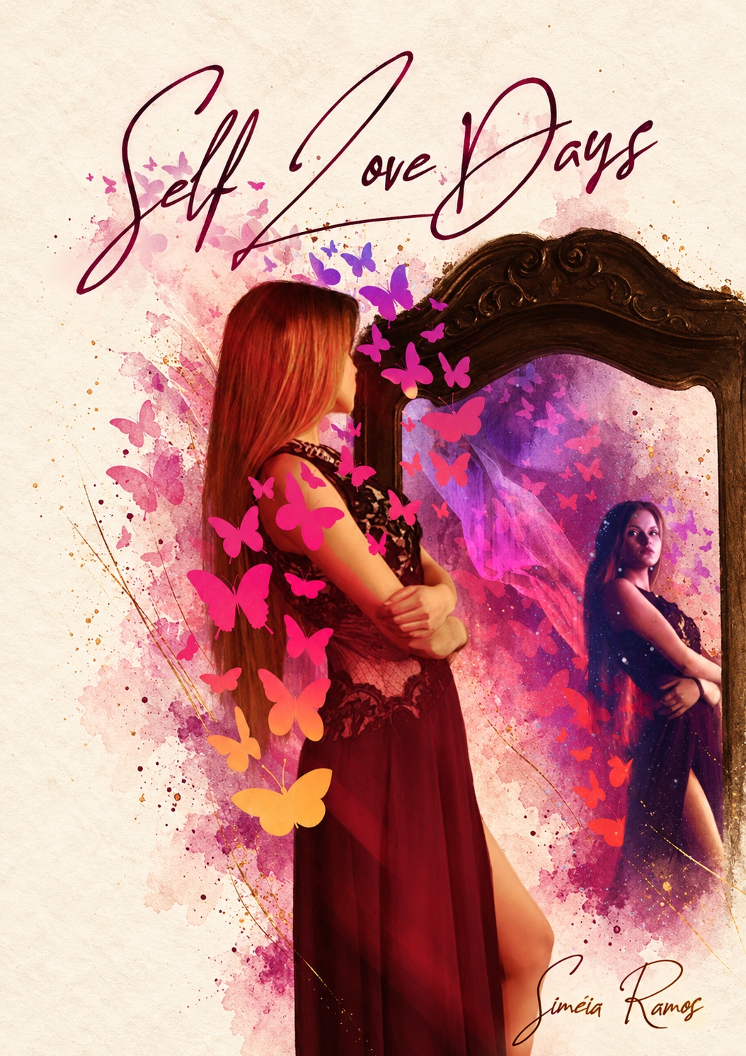 Capa do Self Love Days: uma mulher diante de um espelho, cercada por borboletas coloridas